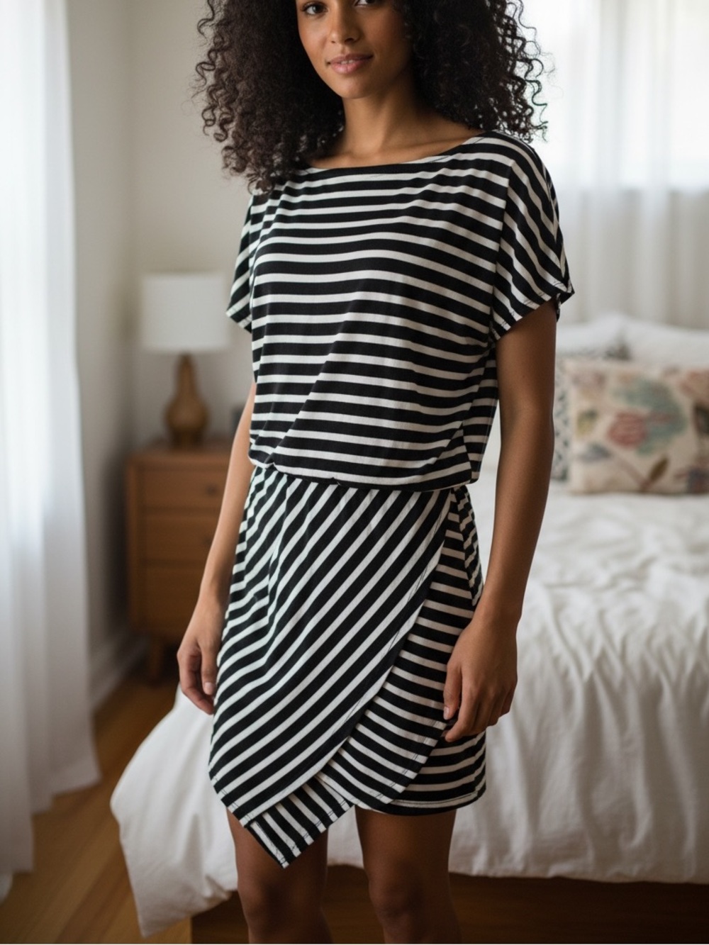 WHITE HOUSE BLACK MARKET dress, black and white stripe, faux wrap, size Medium.